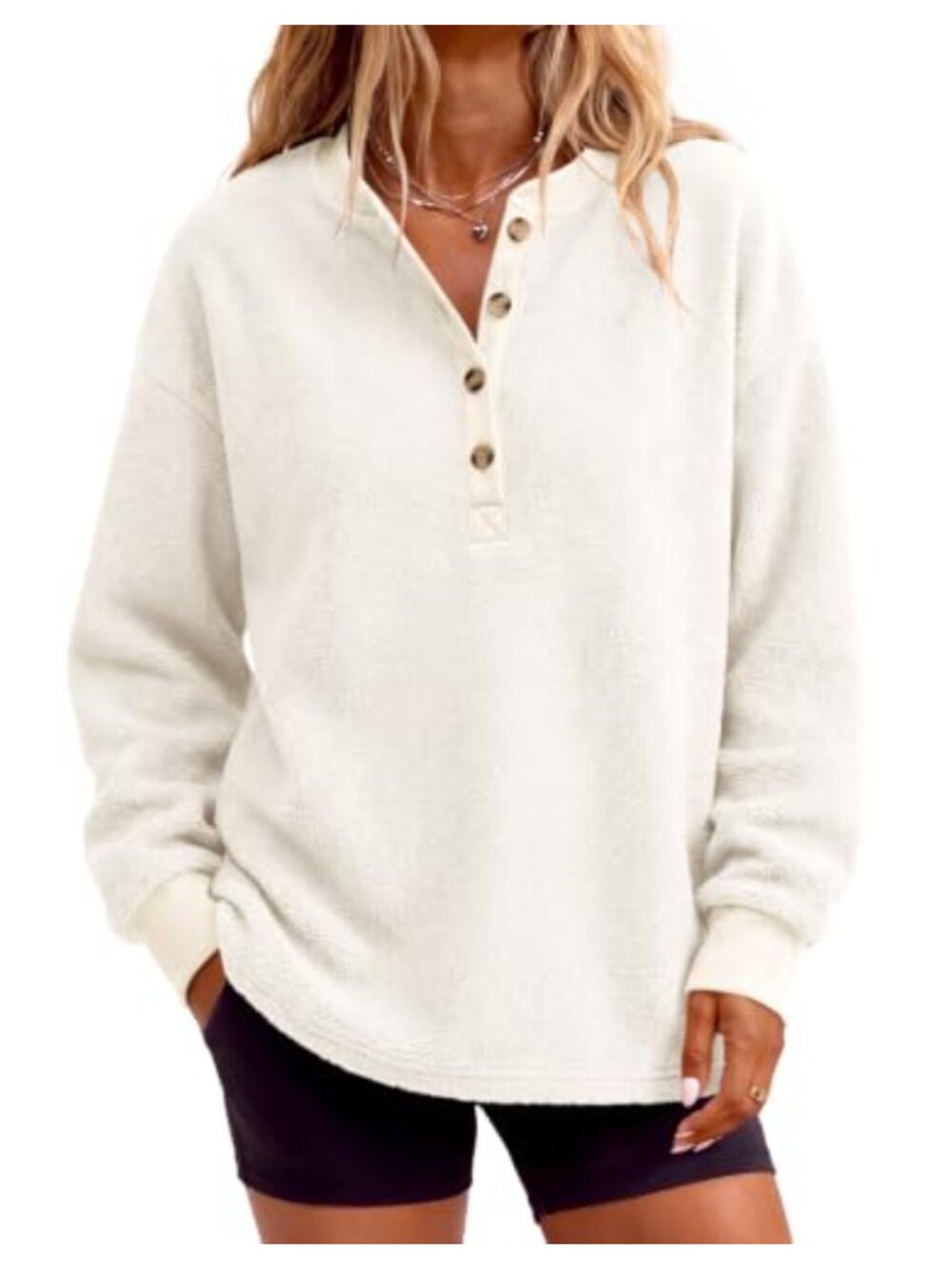 Sherpa Fuzzy Sweatshirt Oversized Henley Pullover Loose Fit Women